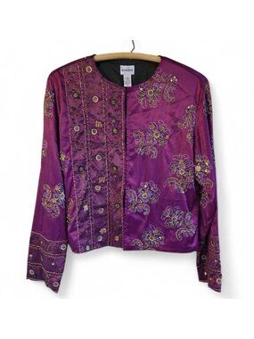 Chicos Embellished Purple Open Front Jacket Small Elegant Bead Embroidery Detail